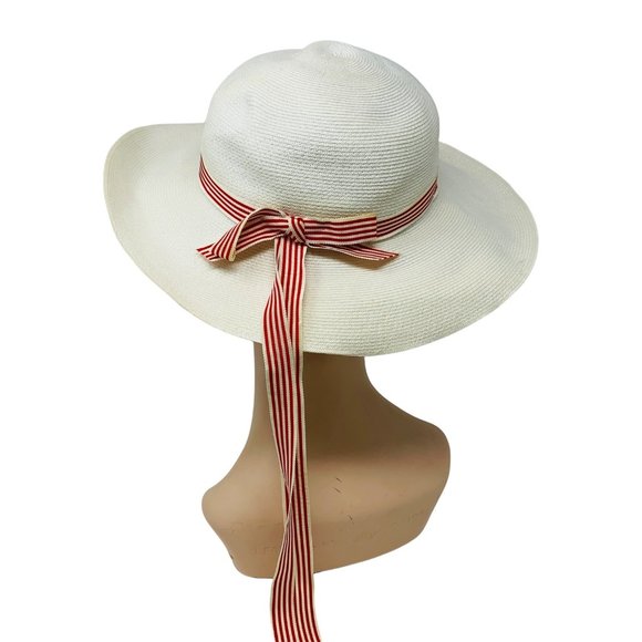 Vintage 1950s Sun Hat White Red Striped Ribbon Chin Strap Bonwit Teller Dapper main image 5